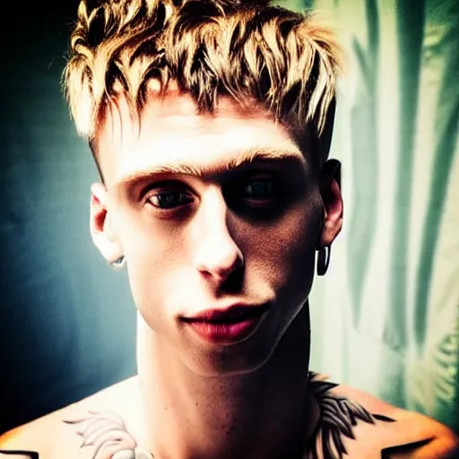 Image similar to “a realistic detailed photo of a guy who is an attractive humanoid who is half robot and half humanoid, who is a male android, rapper Machine Gun Kelly, shiny skin, posing like a statue, blank stare”