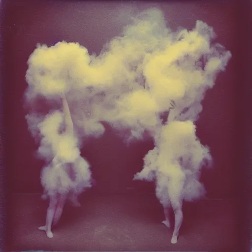 Prompt: polaroid of dancers that are made from cotton candy, smoke and clouds, wearing giant paper masks, mix, DADA collage, texture, lomography, blue yellow light