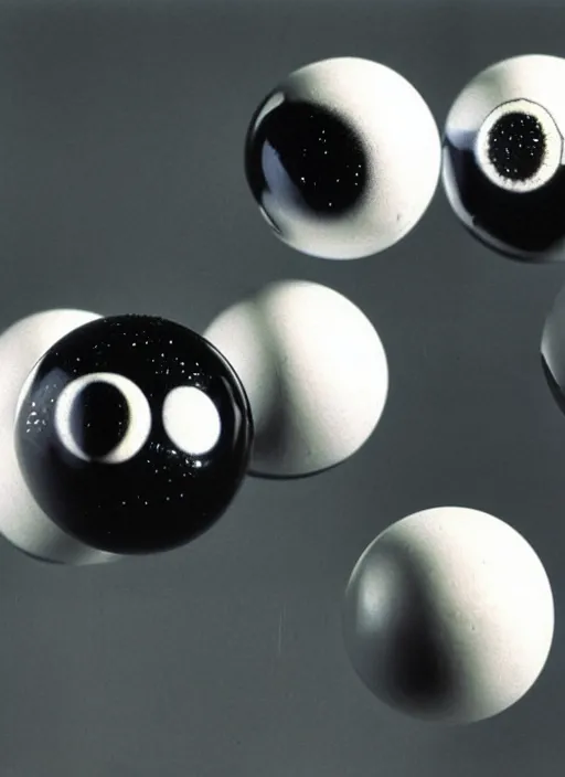 Prompt: realistic object photo of ping pong balls sculpture with molecule made of eyeballs, black cloud made of caviar, readymade, dadaism, fluxus, man ray 1 9 9 0, life magazine photo