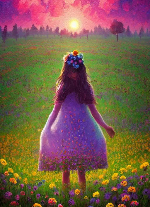 Image similar to girl with giant flower as a face and flower dress, standing in a flower field hills, big trees, sunrise dramatic light, impressionist painting, colorful clouds, digital painting, pointillism, artstation, simon stalenhag