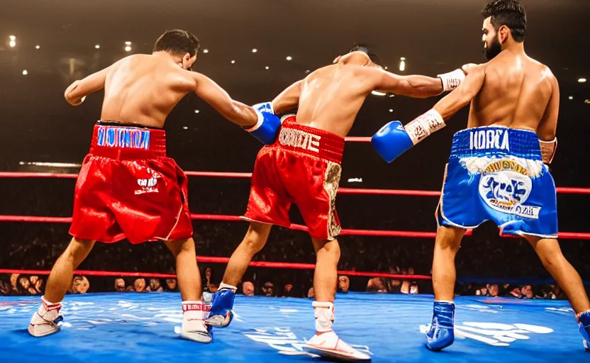 Prompt: landscape photography of a boxing match between rohit sharma & virat hohli in the ring, ultra realistic, highly detailed, canon 3 5 mm photography