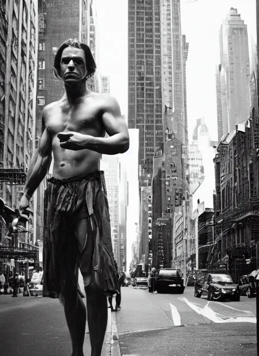 Prompt: portrait of tarzan walk on the street of new york, by charlotte grimm, natural light, detailed face, symmetrical, canon eos c 3 0 0, ƒ 1. 8, 3 5 mm, 8 k, medium - format print, half body shot