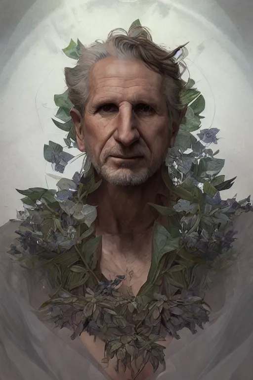 Image similar to portrait of rene auberjonois, forest, godlike, full body, fantasy, intricate, elegant, highly detailed, digital painting, artstation, concept art, sharp focus, illustration, art by artgerm and greg rutkowski and alphonse mucha