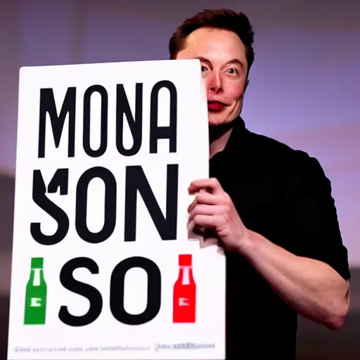 Prompt: a medium shot photograph of elon musk holding a sign with the word soon soon soon soon on it, 4k, ultra HD
