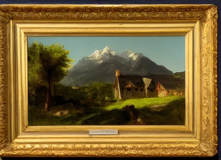 Image similar to painting of a william krisel house in front of mountains by thomas cole