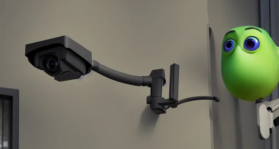 Image similar to security cameras gain sentience, pixar movie still, official media, 4 k hd, by bill presing h 9 6 0