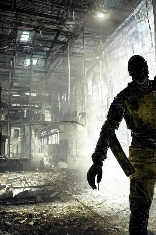 Prompt: a stalker with a detector in his hand from the game s.t.a.l.k.e.r stands next to a large translucent luminous sphere in an abandoned factory, realistic art