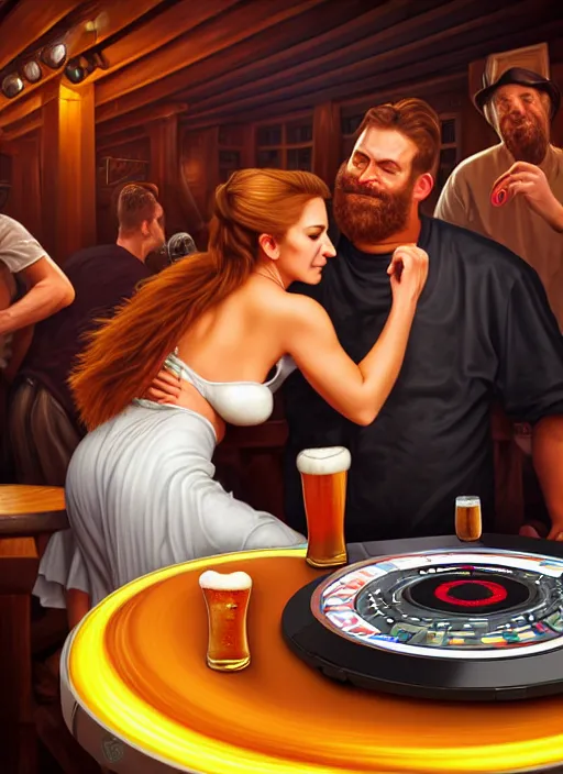 Image similar to image of large pint of beer and large technics dj table front of picture, in the backround man and a woman very drunk and dancing from octoberfest, dark backround, highly detailed, digital illustration, trending in artstation, modern painting, smooth, sharp focus, intricate, einar jonsson and bouguereau