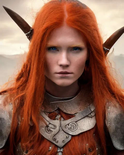 Prompt: north female warrior, red hair, ginger hair, long hair, fantasy, female Viking, high detailed, photography, cloudy, lightweight leather armour, Scandinavia, plain, detailed face, cute face, model, glowing skin, serious face, full body, professional photographer, masterpiece, 8k, 3D