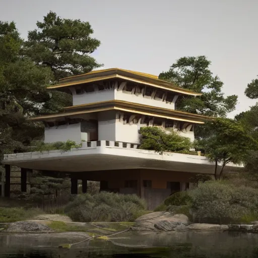 Image similar to modern house inspired by tibetan palace, built like a stadium with atrium in the middle, on a hill surrounded by big trees, dramatic lighting, artstation, realistic rendering, unreal engine, octane render, raphael lacoste, simon stalenhag, frank lloyd wright, helicopter view