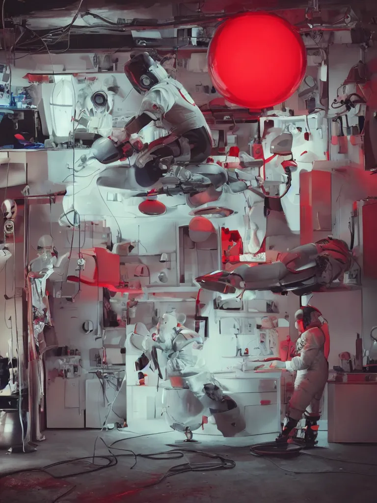 Prompt: futuristic garage mechanics wearing astronaut helmets doing surgery on a huge mickey mouse doll head that has a bloody cheek wound! red netflix neon office sign in background, beeple!!, minimal, movie still in in private car garage, dystopian