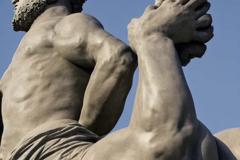 Image similar to A photograph of a large statue of a male athlete holding his head high and his hands wide, symbolizing humanity, ambition and determination, photo taken from a distance so that the full statue is visible, high resolution image taken with a DSLR camera