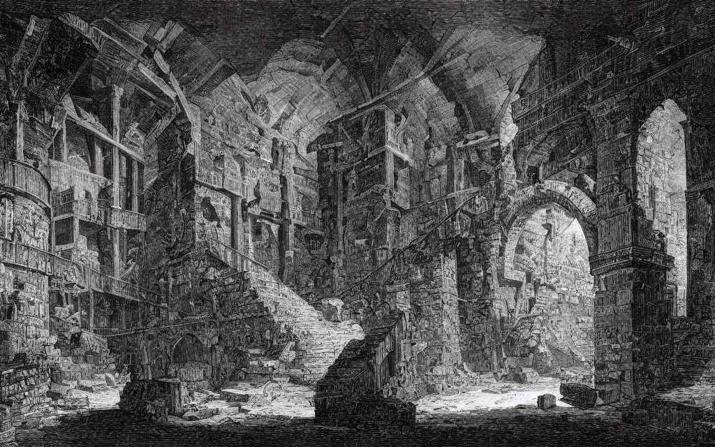 Prompt: an engraving of a medieval dungeon, carceri d'invenzione, by giovanni battista piranesi, gustave dore, volumetric lighting