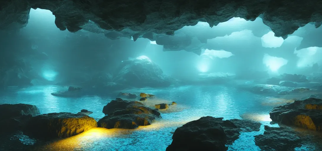 Prompt: beautiful view of an underwater cavern, glowing water with caustics, dark atmosphere, dappled light, reflections, light rays. refraction, symmetry, cinematic lighting, ultra detailed, sharp, ambient occlusion, bloom, raytracing, by dylan cole, sebastian meyer and jordan grimmer