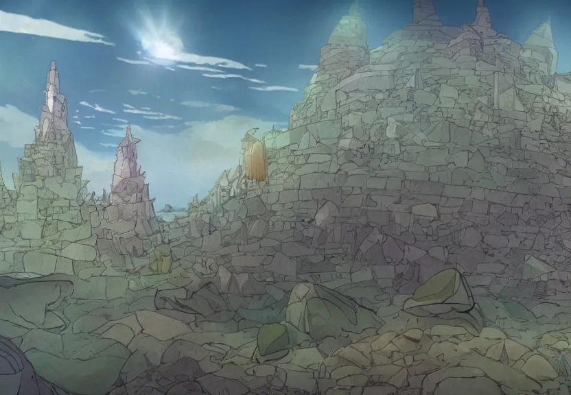 Image similar to a cell - shaded cartoon from howl's moving castle ( 2 0 0 4 ) showing several pyramids underwater at the bottom of the sea. shafts of sunlight come from above. wide shot, very dull muted colors, hd, 4 k, hq