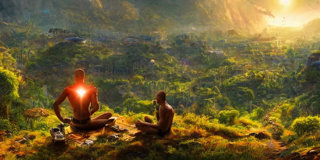 Prompt: a cinematic composition depicting : a computer run lush civilization encroaching on a degrading cyberpunk world, on top of the mountain a mysterious man sits in a lotus pose using his transformative energy to transition to a hopeful and lush foresty solarpunk valley at sunrise