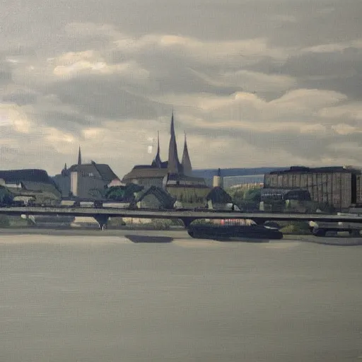 Image similar to very abstract painting of the rhine in basel, the munster in the background, muted greyscale colors, great composition