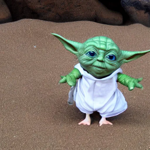 Image similar to sad real life Yoda on a beach, seagulls pecking Yoda’s head