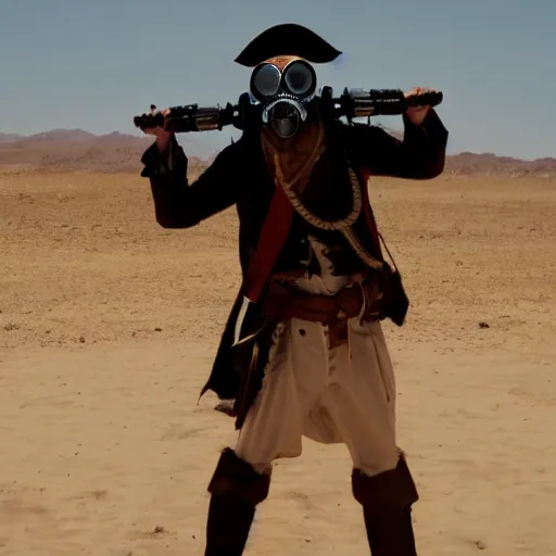 Image similar to a pirate wearing a gasmask, in the desert, film still, panavision panaflex