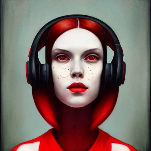 Image similar to portrait of a pale bald woman with red headphones, staring at you, black background, curious eyes, by Anato Finnstark, Tom Bagshaw, Brom