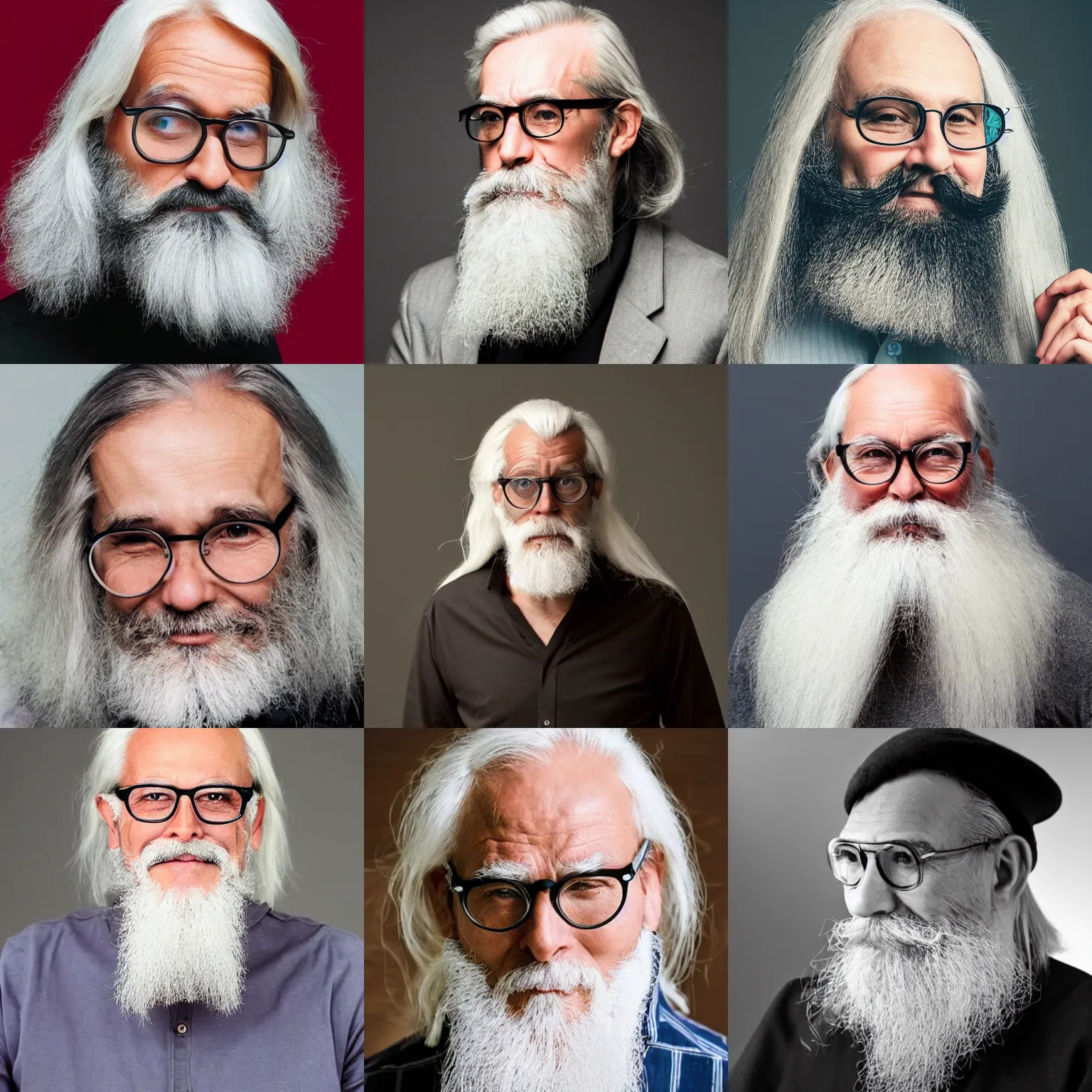 Prompt: man in his 5 0 s with long white hair, a white chin beard and small round glasses