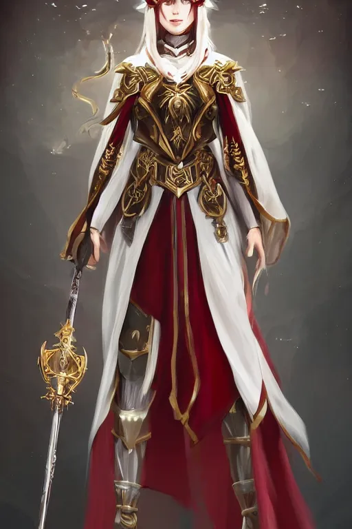 Prompt: Full-body picture of beautiful young priestess, White and gold robes, red waist-long hair, mace and shield, dungeon and dragons, high fantasy, alluring, artstationhd, artstationhq, trending in artstation, safebooru