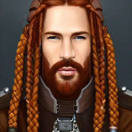 Prompt: portrait of a rugged!!!! male captain with long red hair!!!!!!, upper body, loose braids, handsome, leather coat, side profile, Steampunk airship!!!!!!!, D&D, fantasy, simple clothing!!!!, elegant, highly detailed, digital painting, deviantart, artstation, concept art, sharp focus, illustration, art by Artgerm and Greg Rutkowski and Alphonse Mucha