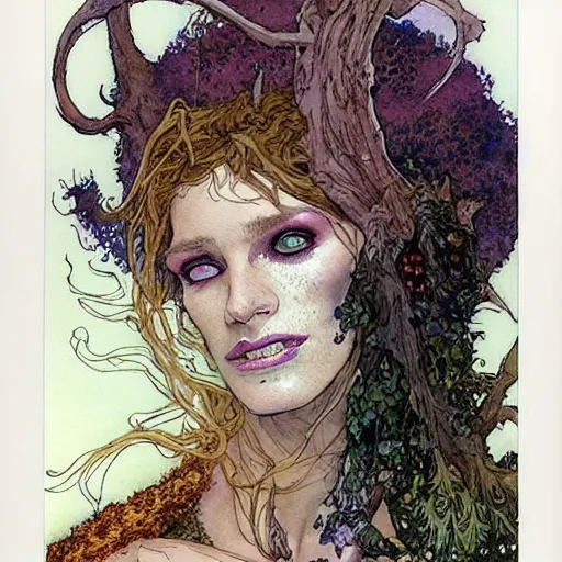 Prompt: a realistic and atmospheric watercolour fantasy character concept art portrait of a freckled incredibly beautiful woman in 8 0 s haute couture fashion clothes as a druidic warrior wizard looking at the camera with an intelligent gaze by rebecca guay, michael kaluta, charles vess and jean moebius giraud