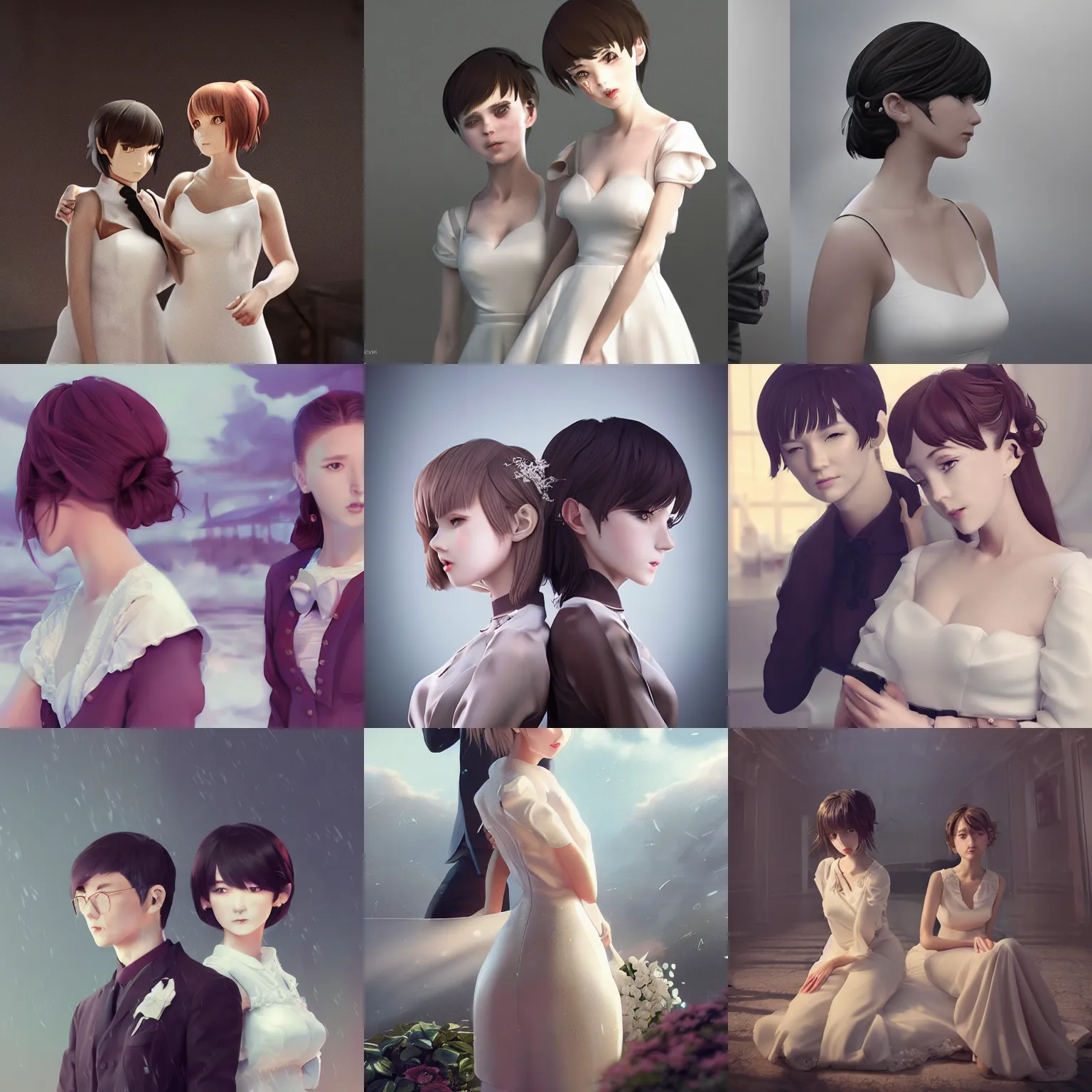 Prompt: worksafe. insanely detailed. by wlop, ilya kuvshinov, krenz cushart, greg rutkowski, pixiv. zbrush sculpt, octane, maya, houdini, vfx. two gorgeous young cg gentle girlish feminine sissy boys with ponytail hairstyle in bridal dress posing together, in luxury advertisement. cinematic dramatic atmosphere, sharp focus, volumetric lighting