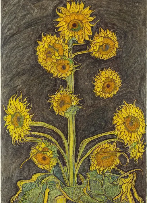 Prompt: an intricate drawing of a intertwined sunflowers by Egon Schiele and Piet Mondrian