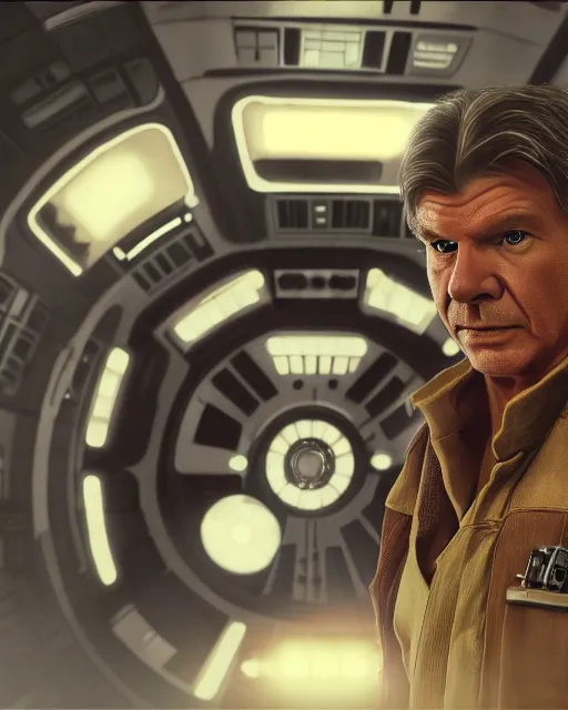 Image similar to portrait of han solo on the millennium falcon, harrison ford,, star wars, gta v, hyper realistic, ambient lighting, concept art, intricate, hyper detailed, smooth, action, volumetric lighting, george lucas, arney fretag, ralph mcquarrie, octane