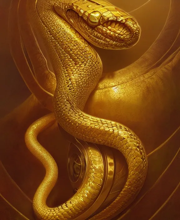 Image similar to intricate golden portrait of a disturbing beautiful alien snake creature, mottling coloring, adorable, childlike, medical equipment hospital environment, ultra realistic, concept art, art nouveau, photorealistic, octane render, 8 k, unreal engine. art by christopher marley and artgerm and greg rutkowski and alphonse mucha