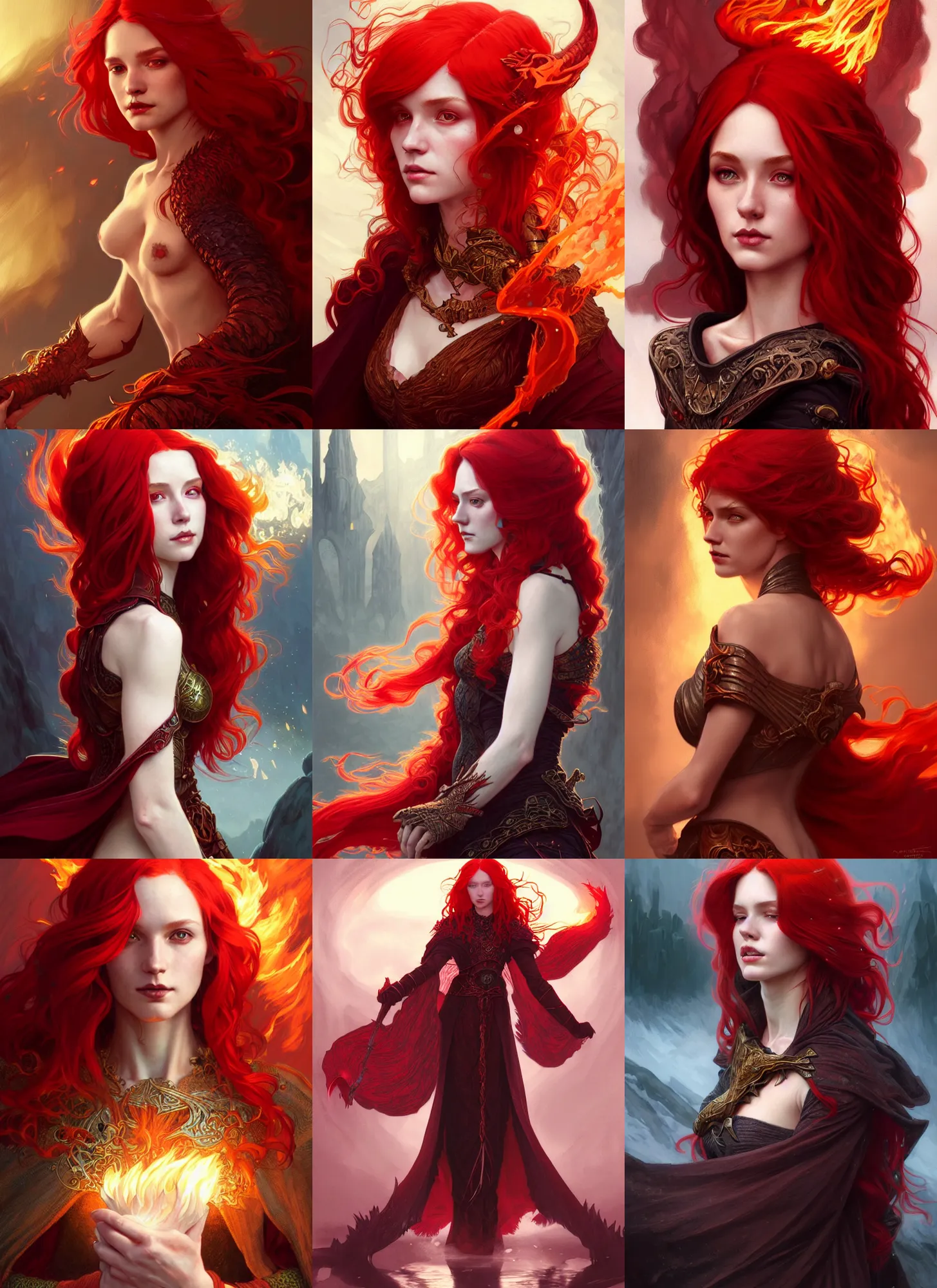 Prompt: portrait of red hair, dragonblooded, sorceress, fantasy, wizard cloak, fire!! full body, intricate, elegant, highly detailed, digital painting, artstation, concept art, smooth, sharp focus, illustration, art by artgerm and greg rutkowski and alphonse mucha