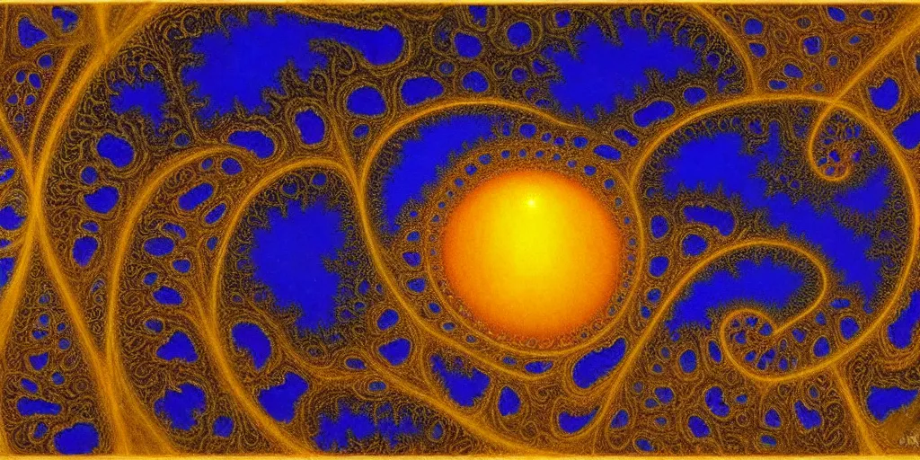 Prompt: lovecraftian fractal world, mandelbrot set planet by jean delville