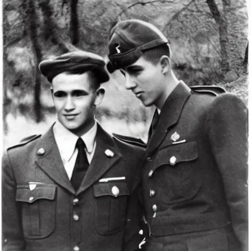 Image similar to a professional photograph of two handsome young wwii soldiers finding love in the trenches