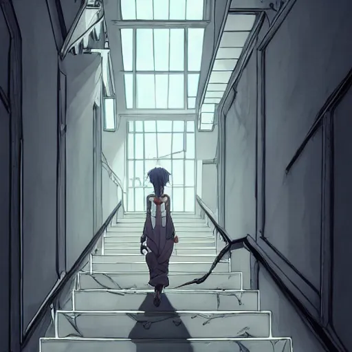 Image similar to a creepy woman walking through a bright white staircase with many doors and hallways, mc escher architecture, very detailed background, epic composition, anime key visual, anime style, by makoto shinkai