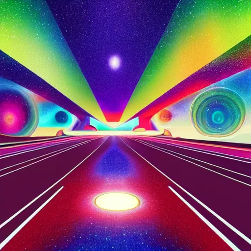 Image similar to interior of cosmic highway created by bosch, beautiful colors, bold architecture, detailed, 4 k