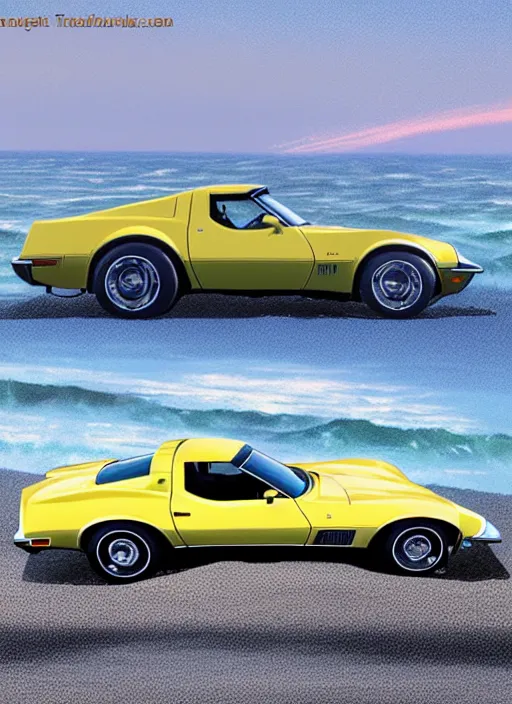 Prompt: a miniature of a yellow 1979 stingray corvette at the beach at sunset, t-top, convertable,digital art,detailed,ultra realistic,art by greg rutkowski