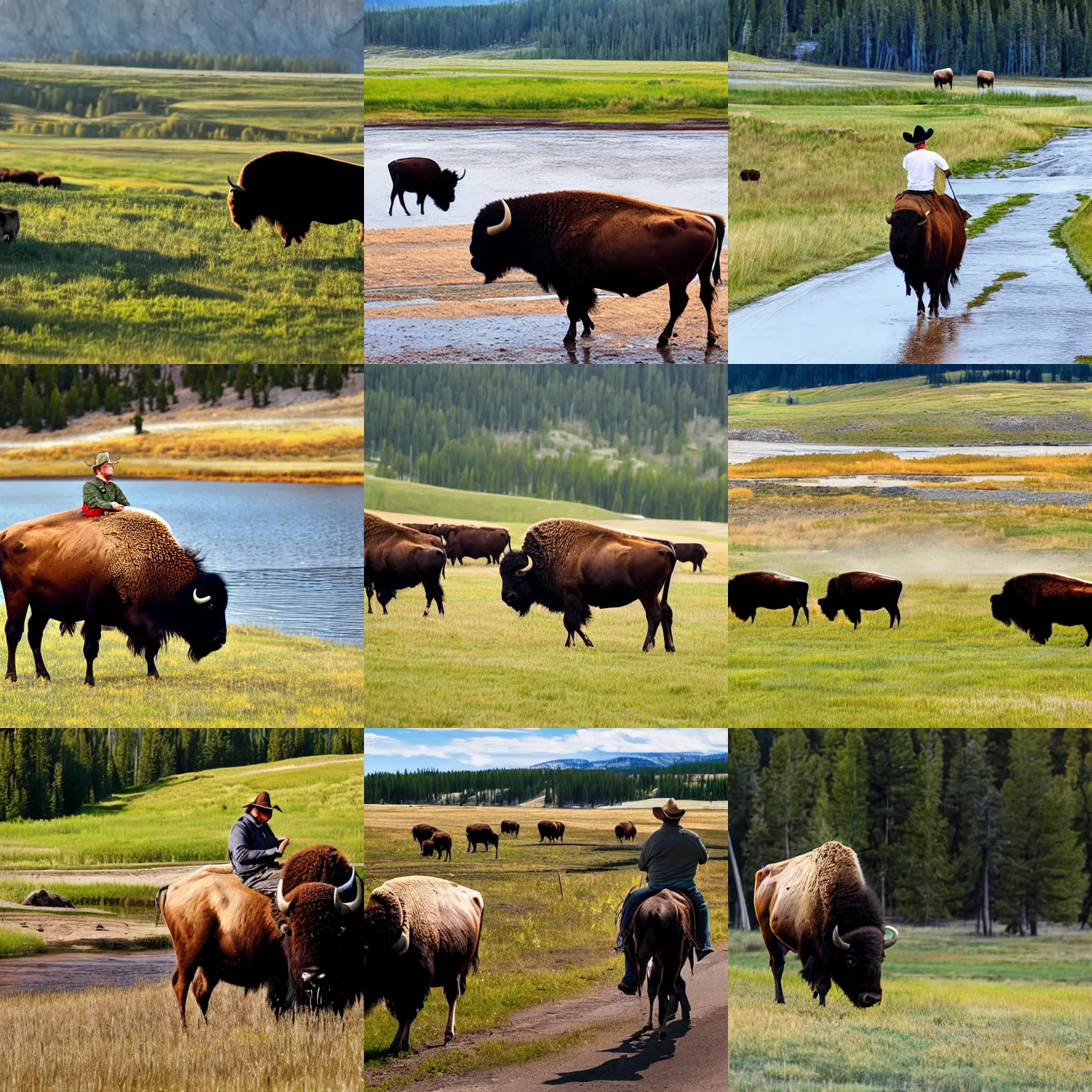 Prompt: Farmer riding bison Yellowstone