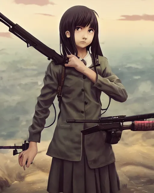 Prompt: insanely detailed. by wlop, ilya kuvshinov, makoto shinkai, greg rutkowski, sakimichan. zbrush sculpt, octane, maya, houdini, vfx. closeup gorgeous attractive young cg anime teen kid schoolgirl, holding a rifle, near utility poles at middle east, in luxury advertisement. cinematic dramatic atmosphere, sharp focus, volumetric lighting