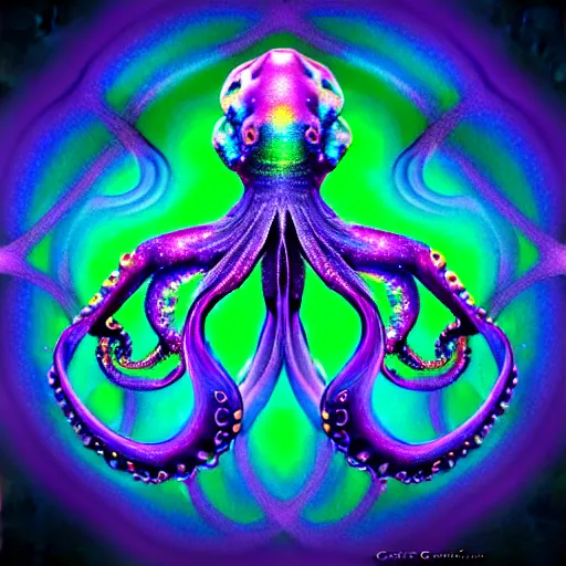 Image similar to a dramatic and beautiful digital matte painting of large iridescent octopus with legs made of fractal celtic knots, trending on cgartist, hi-fructose, mandala, string wall art, ultra detailed 8k