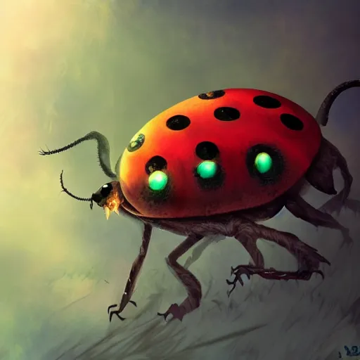 Image similar to ladybug as a monster, fantasy art style, scary atmosphere, nightmare - like dream