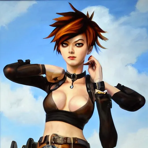 Image similar to oil painting of tracer overwatch in a field wearing very large black leather belt choker collar around neck, in style of mark arian, expressive face, very detailed face, very detailed eyes, belt around neck, full body, feminine face, tracer overwatch,