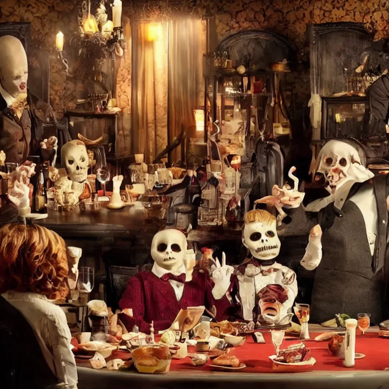 Prompt: A still from a TV ad for an extremely spooky haunted family dining restaurant