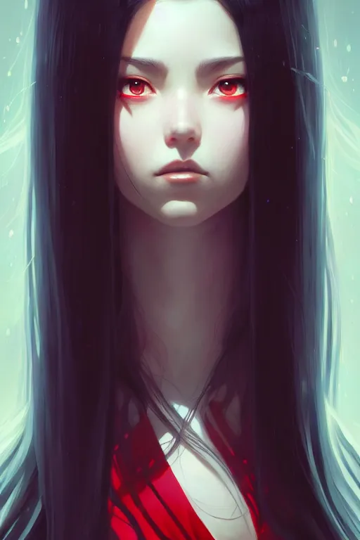 Image similar to a beautiful girl with long black hair and red eyes, fantasy, sharp focus, intricate, elegant, digital painting, artstation, matte, highly detailed, ambient lighting, portrait by Studio Ghibli, Rossdraws, artgerm, Ilya Kuvshinov, and Greg Rutkowski