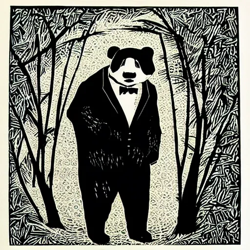 Image similar to panda in a suit, linocut