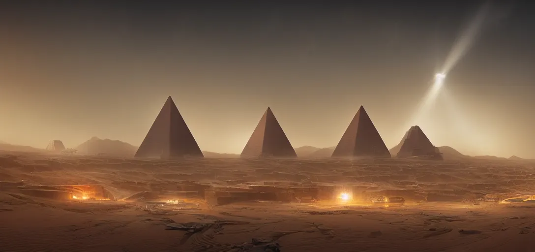 Image similar to view from the desert ground of futuristic mechanical blade runner pyramids cyberpunk architecture, light rays, symmetry, cinematic lighting, ultra detailed, sharp, ambient occlusion, bloom, raytracing, by greg rutowski, paul chaidesson and jessica rossier