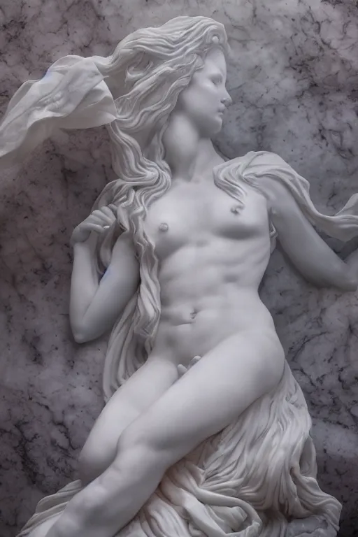 Prompt: Photo of a Marble Sculpture of Aphrodite lying on a silk cloth, fog, volumetric lighting, highly detailed, award winning, trending on artstation.