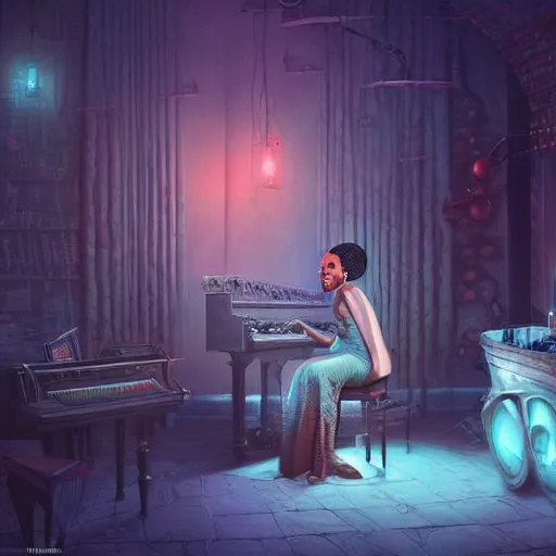 Prompt: Highly detailed portrait of a nina simone singing in a speakeasy unreal engine, fantasy art by Peter Mohrbacher, red and blue lighting, detailed and intricate environment