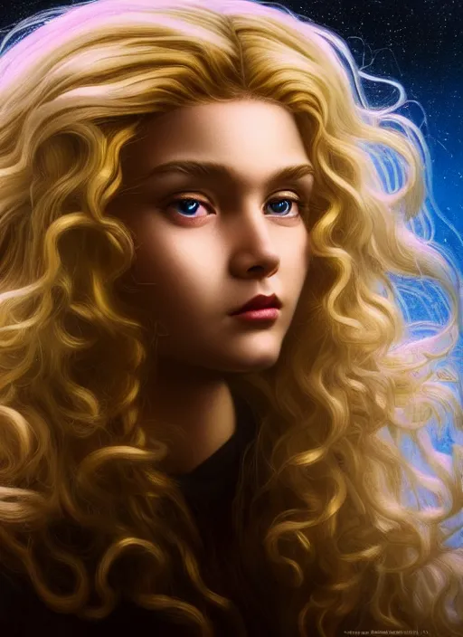 Image similar to highly detailed closeup portrait young plejaden woman with wavy blonde hair in a retro spaceship with large windows, stephen bliss, unreal engine, greg rutkowski, ilya kuvshinov, ross draws, hyung tae and frank frazetta, tom bagshaw, tom whalen, nicoletta ceccoli, mark ryden, earl norem, global illumination, god rays, detailed and intricate environment